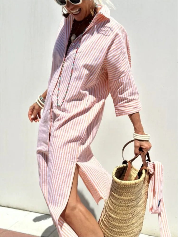 Nerine Striped Button Front Shirt Midi Dress