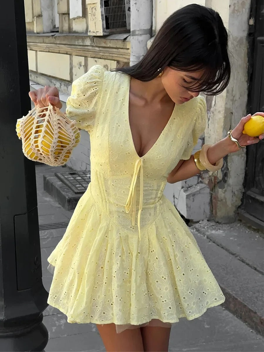 Lillian Embroidered Puff Sleeve Cotton Summer Mini Dress