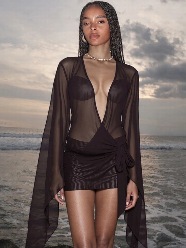 Selene Mesh Cape Bandage Mini Dress