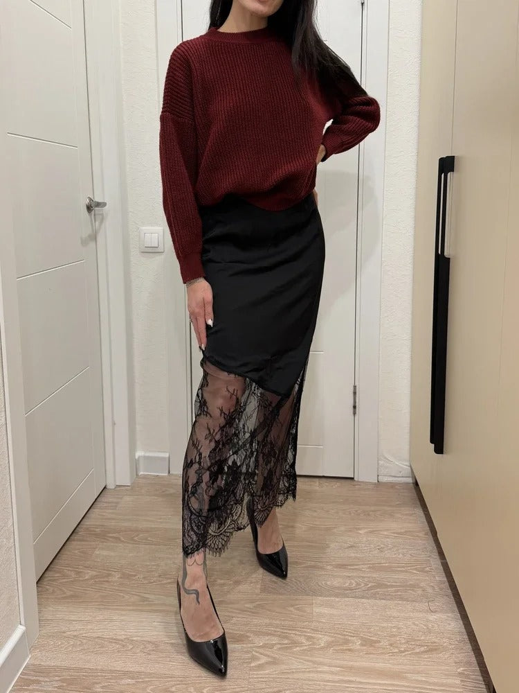 Gaia Lace Hem Satin Maxi Skirt