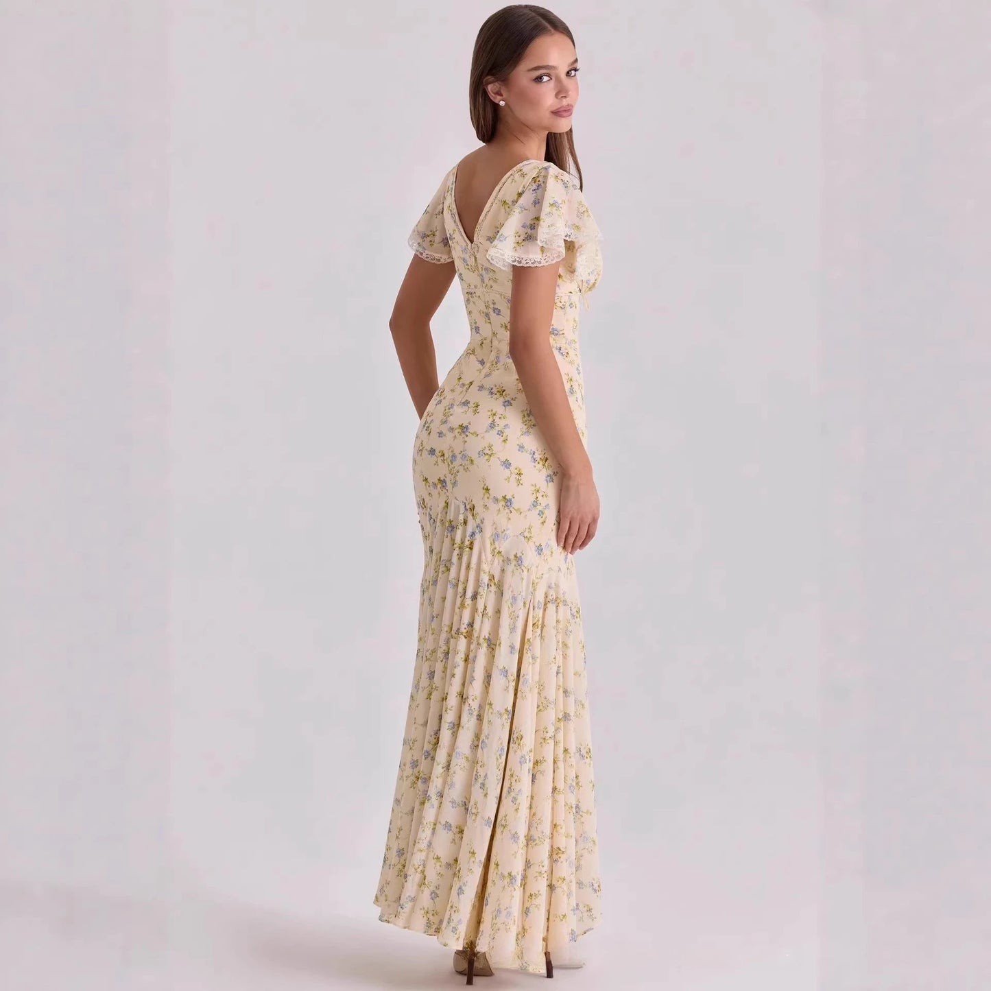 Odessa Floral Ruffle Sleeve Chiffon Maxi Dress