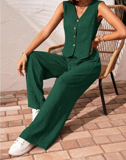 Serena Button Front Linen Vest & Wide Leg Co-Ord Set