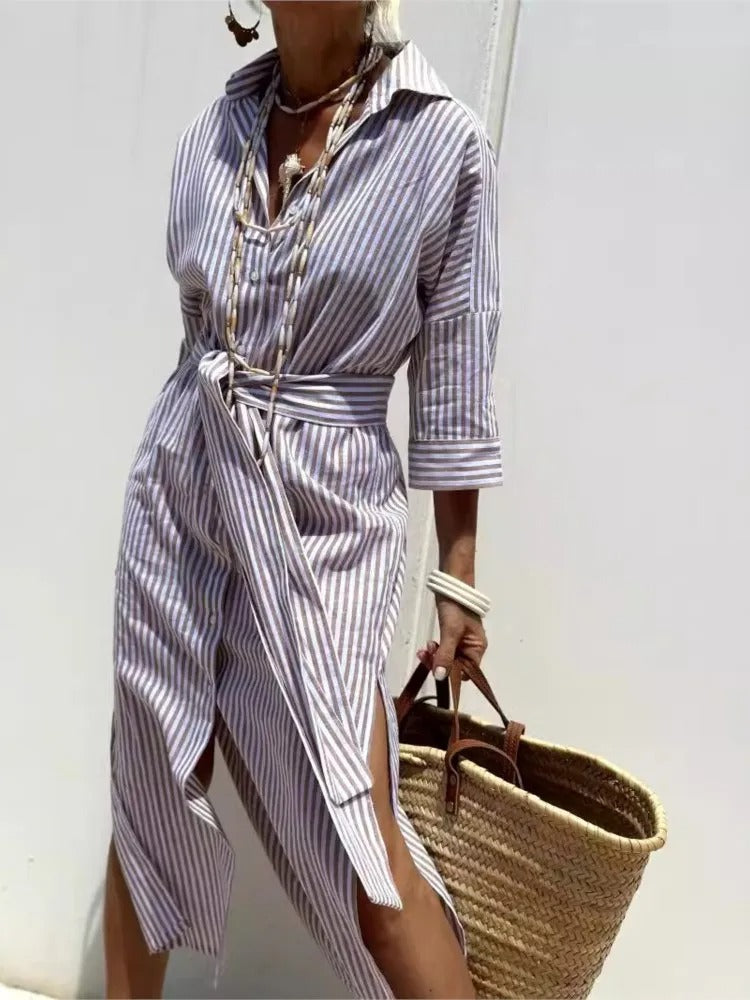 Nerine Striped Button Front Shirt Midi Dress