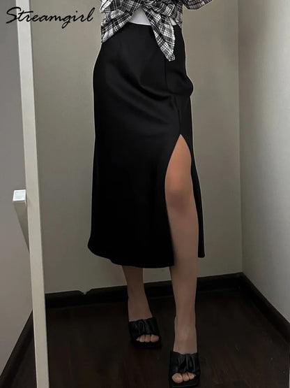 Saskia Satin Side Slit Midi Skirt