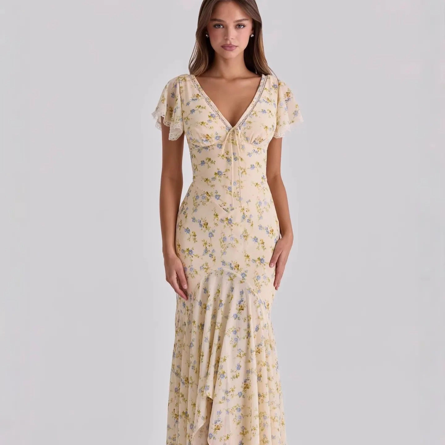 Odessa Floral Ruffle Sleeve Chiffon Maxi Dress