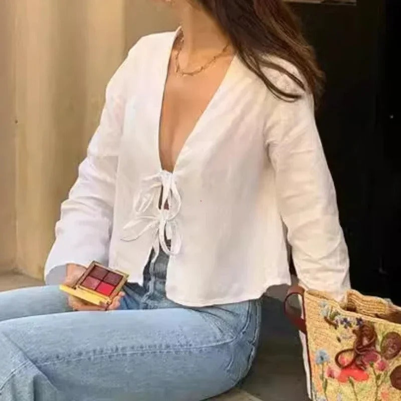 Clarisse Tie Front Linen Cropped Shirt