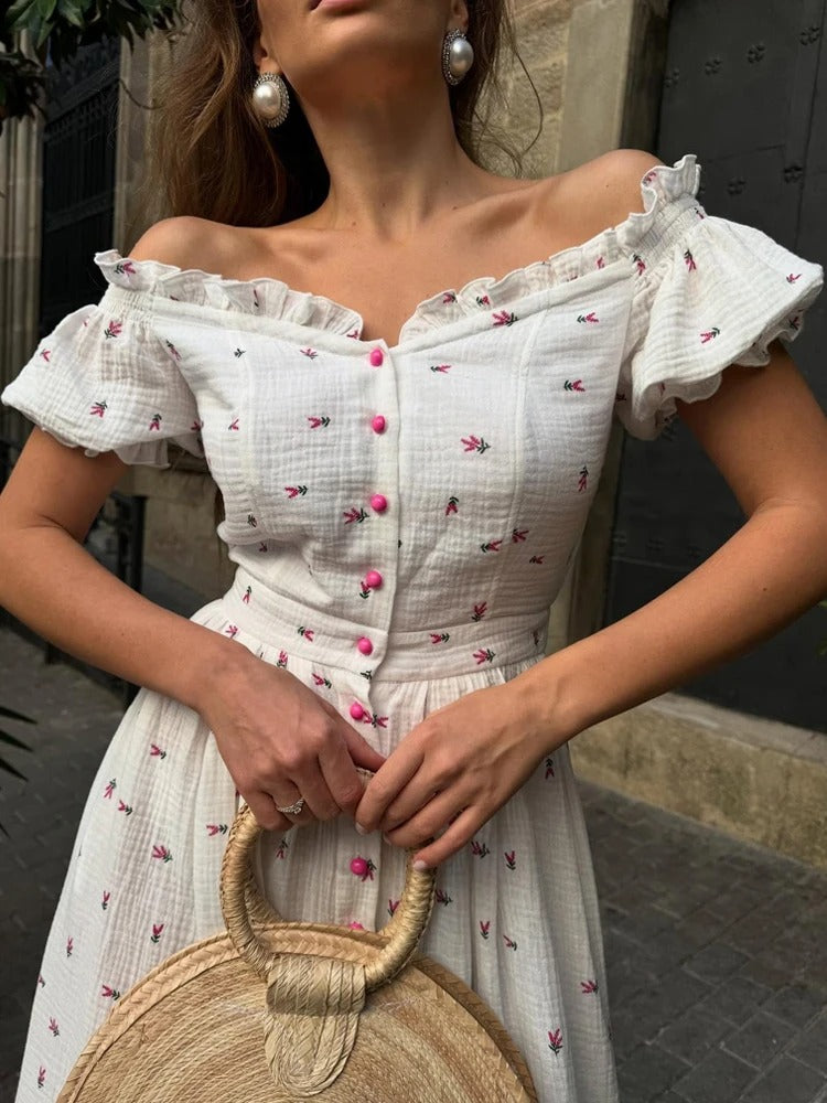 Thea Off Shoulder Floral Cotton Summer Midi Dress