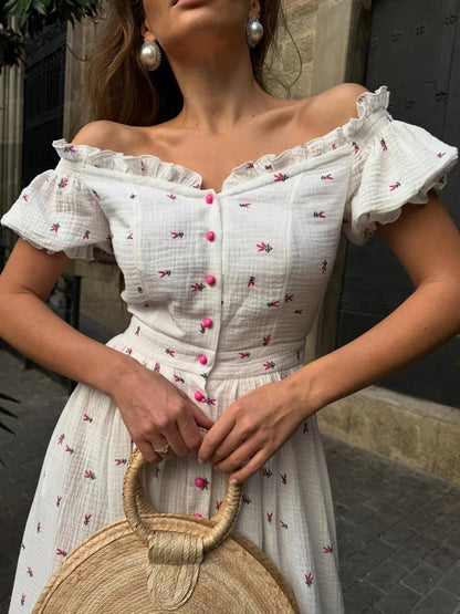 Thea Off Shoulder Floral Cotton Summer Midi Dress
