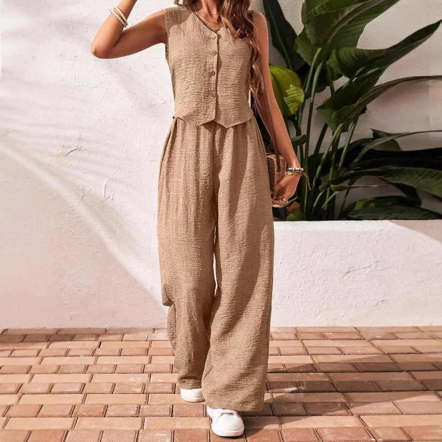 Serena Button Front Linen Vest & Wide Leg Co-Ord Set