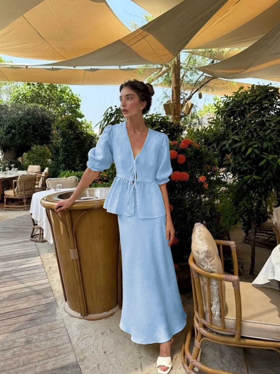 Aurielle Puff Sleeve Cotton Summer Two Piece Set