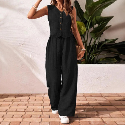 Serena Button Front Linen Vest & Wide Leg Co-Ord Set