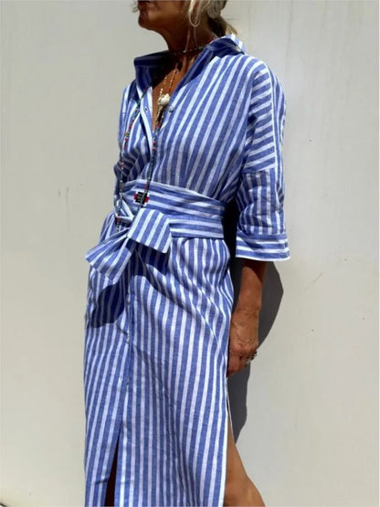 Nerine Striped Button Front Shirt Midi Dress