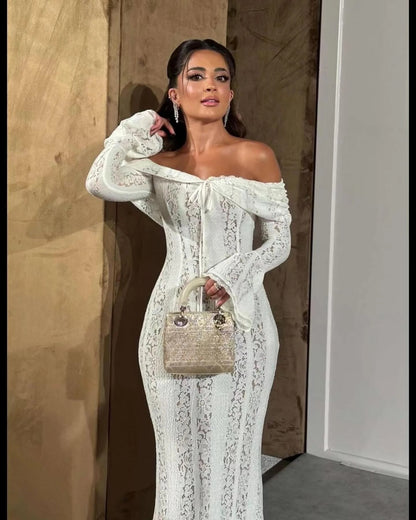 Valeria Off Shoulder Lace Wedding Guest Maxi Dress