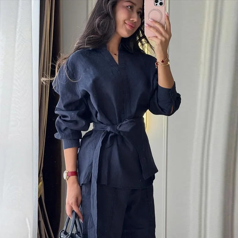 Camille Belted Linen Shirt & Wide Leg Co-Ord Set