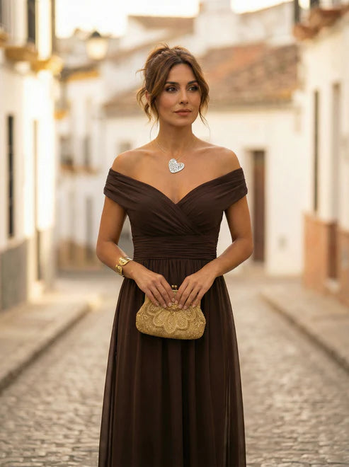 Lavielle Ruched Off Shoulder Wedding Guest Maxi Dress