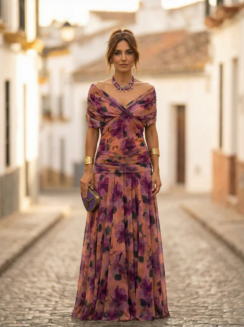 Lavielle Ruched Off Shoulder Wedding Guest Maxi Dress