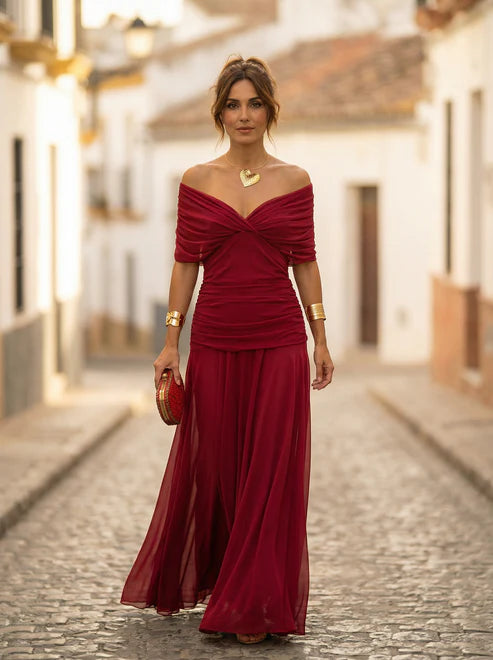 Lavielle Ruched Off Shoulder Wedding Guest Maxi Dress