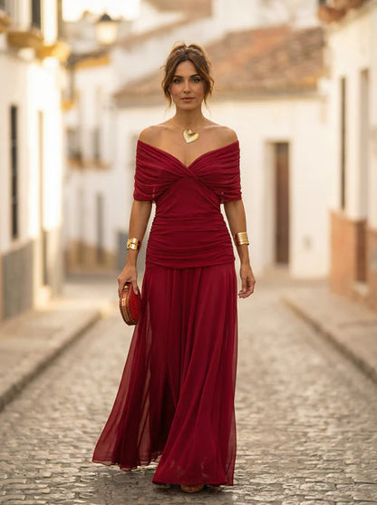 Lavielle Ruched Off Shoulder Wedding Guest Maxi Dress