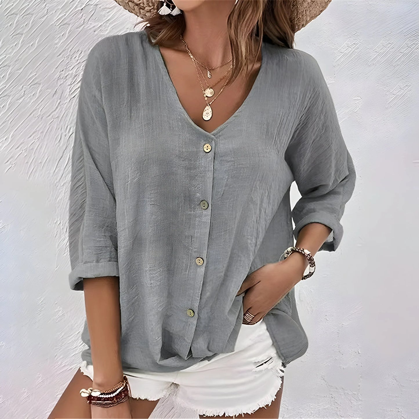 Luvielle Linen Button Front Casual Blouse