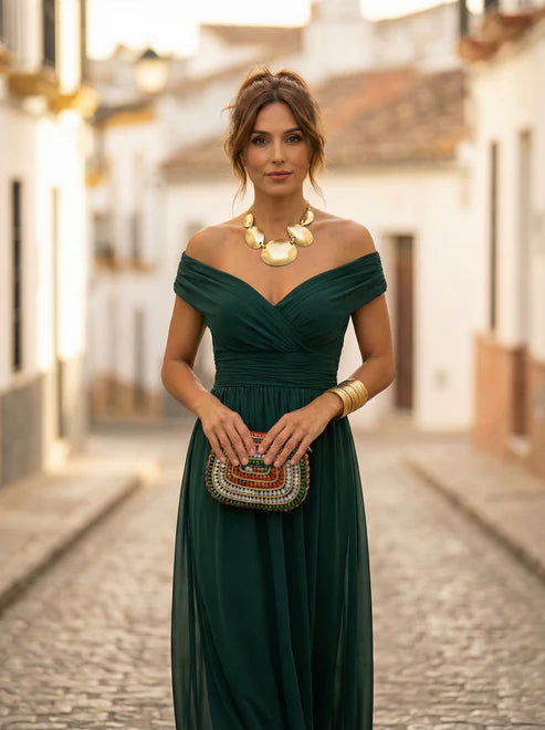 Lavielle Ruched Off Shoulder Wedding Guest Maxi Dress