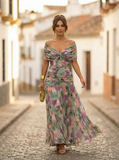 Lavielle Ruched Off Shoulder Wedding Guest Maxi Dress