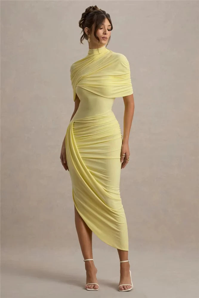 Tavielle Asymmetrical Ruched Elegant Midi Dress