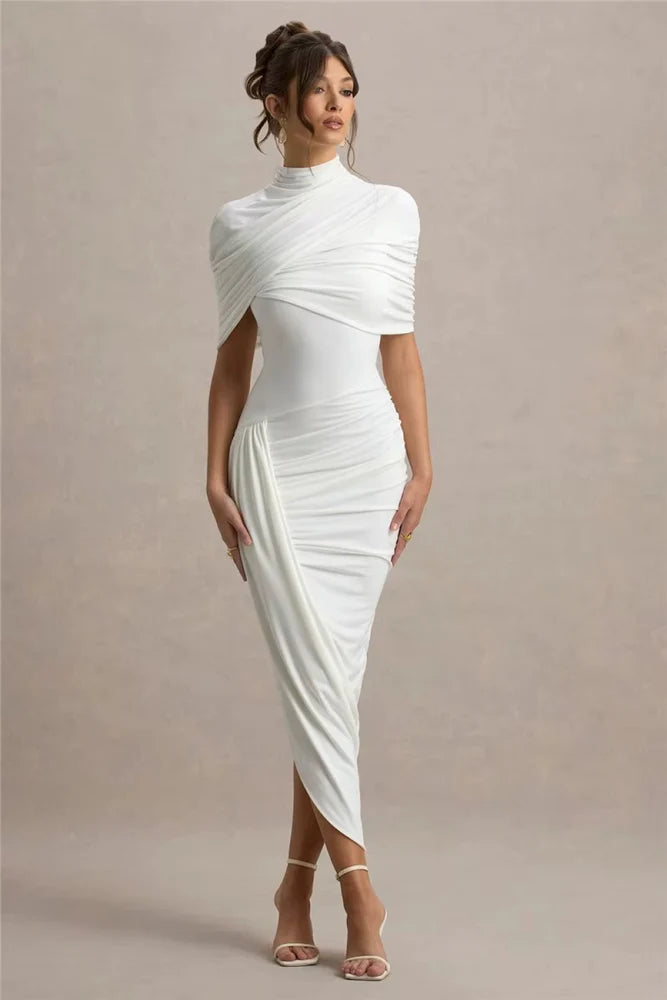 Tavielle Asymmetrical Ruched Elegant Midi Dress