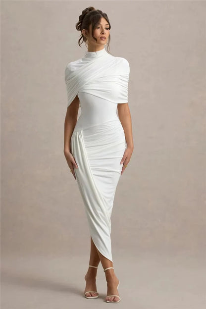 Tavielle Asymmetrical Ruched Elegant Midi Dress