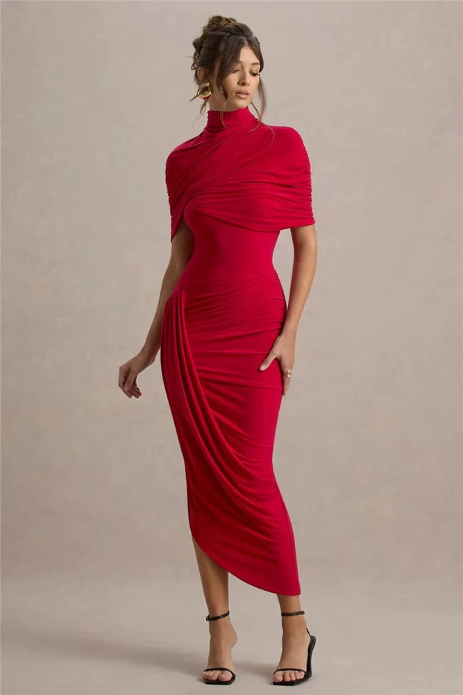 Tavielle Asymmetrical Ruched Elegant Midi Dress