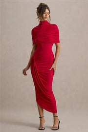 Tavielle Asymmetrical Ruched Elegant Midi Dress