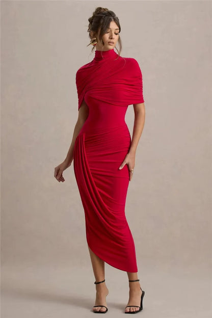 Tavielle Asymmetrical Ruched Elegant Midi Dress